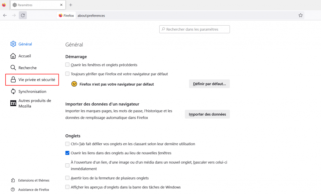 onglet-Vie-privée-et-sécurité-firefox La page générale des paramètres du navigateur Mozilla Firefox avec l'onglet Vie privée et sécurité en surbrillance.