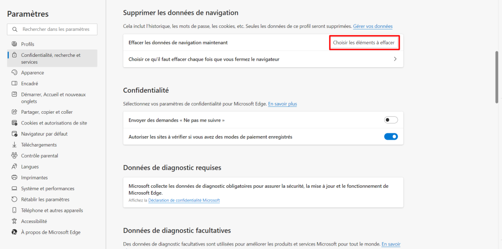 Bouton "Choisir les éléments à effacer" en surbrillance