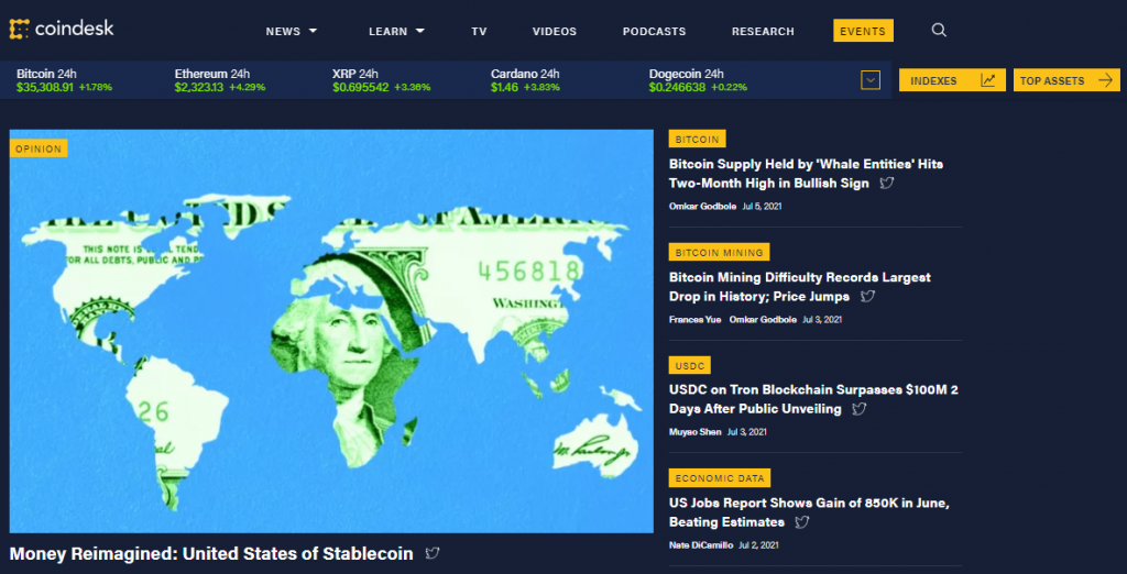 La page d'accueil du site web CoinDesk