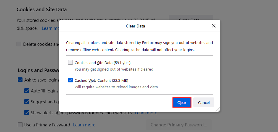 Clear data pop up with Clear button highlighted